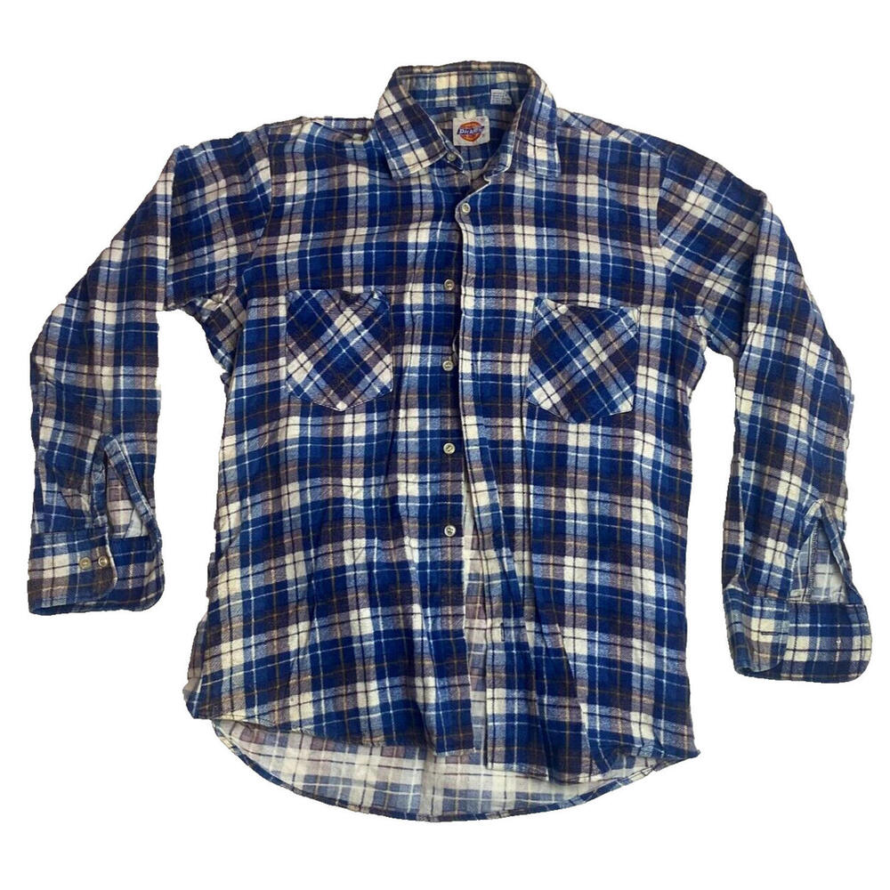Vintage‎ Dickies Shirt Men Medium Blue Plaid Button Down Lumberjack Workwear